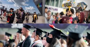 A collage of three photos. The upper left photos consist of graduates walking in their caps and gowns outside, one of them is waving. The upper right photo shows a man with his diploma holder and balloons. He is smiling with a woman to his right. The bottom photo shows a row of graduates standing in front of their seats, all of them are masked.